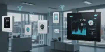 Futuristic smart home interior with integrated energy-saving devices