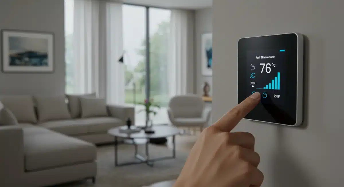 Hand interacting with a smart thermostat showing energy data