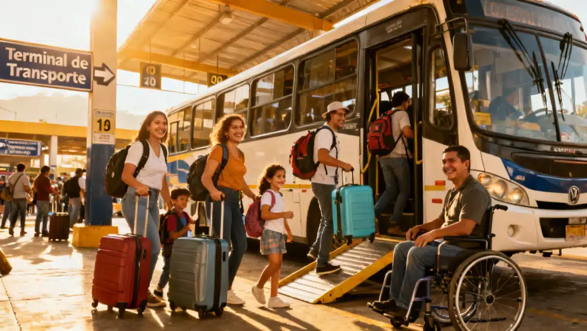 Personas abordando un autobús en terminal, reflejando la facilidad de acceso a los Beneficios de transporte 2026.