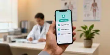 Mano sosteniendo un teléfono inteligente mostrando una aplicación de salud con opciones para citas, recetas y reclamos de seguro, con un consultorio médico borroso de fondo, destacando la gestión digital de la salud.