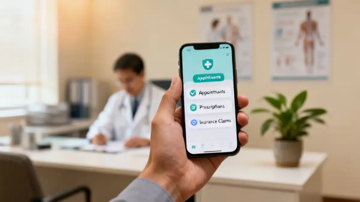 Mano sosteniendo un teléfono inteligente mostrando una aplicación de salud con opciones para citas, recetas y reclamos de seguro, con un consultorio médico borroso de fondo, destacando la gestión digital de la salud.
