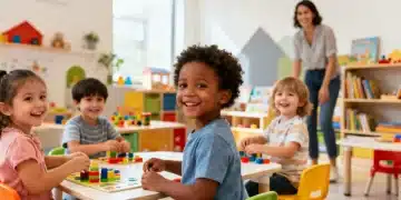 Niños felices jugando en una guardería moderna y segura, aprovechando beneficios de guardería 2026 para un futuro prometedor.