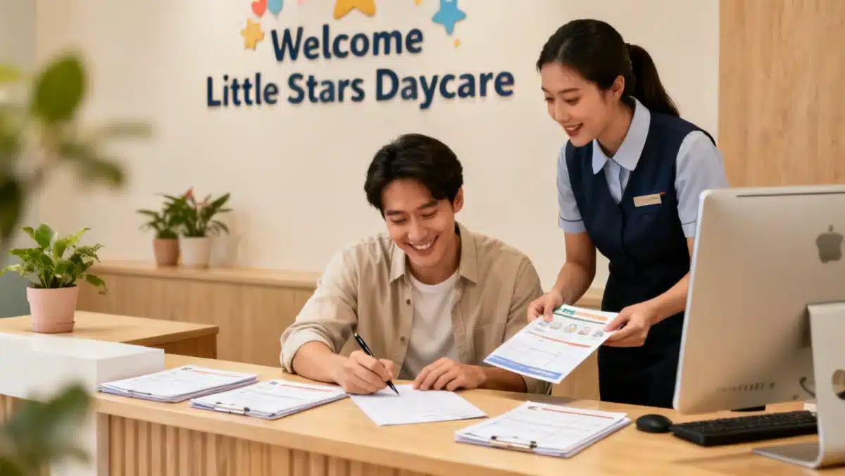 Padre inscribiendo a su hijo en una guardería, gestionando los beneficios de guardería 2026 y el descuento.