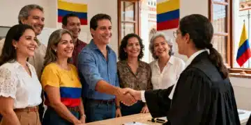 Ciudadanos colombianos recibiendo asistencia legal gratuita de abogados profesionales.