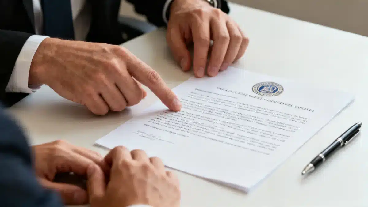 Abogado explicando detalles de un documento legal a un beneficiario del programa.