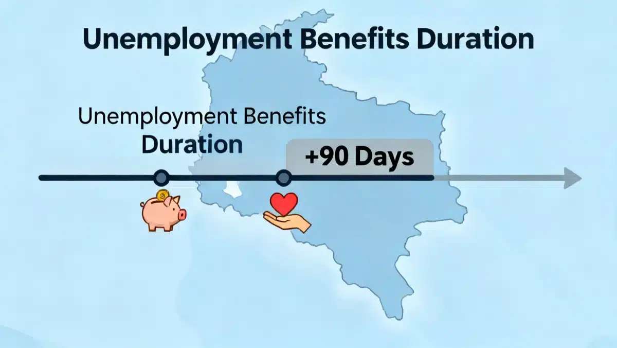 Gráfico de línea de tiempo extendida mostrando 90 días adicionales de beneficios de seguro de desempleo en Colombia.