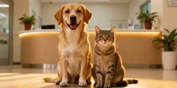 Mascotas felices en clínica veterinaria, símbolo de los beneficios cuidado mascotas.