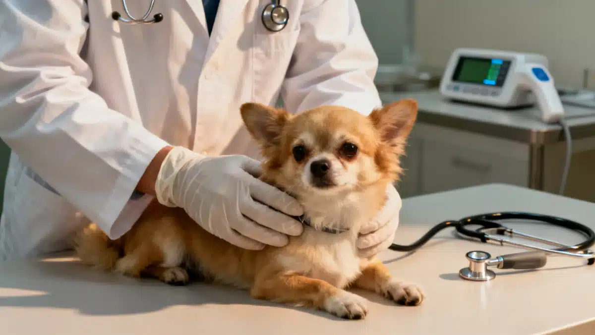 Veterinario examinando un perro, parte esencial de los beneficios cuidado mascotas.
