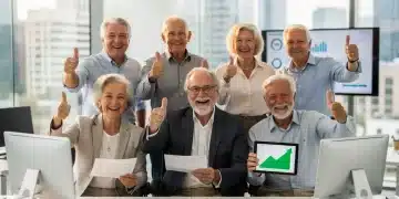 Ciudadanos mayores celebrando su jubilación con pulgar arriba en una oficina moderna, mostrando seguridad financiera y felicidad