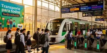 Estación de transporte público subsidiado en Colombia con pasajeros abordando