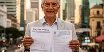 Ciudadano mayor sonriente sosteniendo documentos de pensión en Colombia