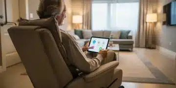 Persona mayor utilizando tecnología de automatización del hogar para mayor seguridad
