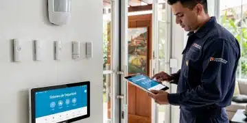 Sistema de seguridad avanzado instalado en hogar colombiano con panel de control moderno
