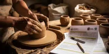 Artesano colombiano trabajando en cerámica con documentos de financiación gubernamental