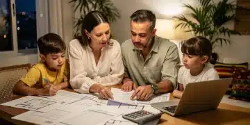 Familia colombiana planificando financiamiento para mejora del hogar con tasas reducidas