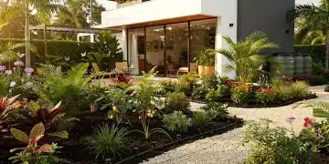 Jardín sostenible en Colombia con plantas nativas y sistema de riego por goteo