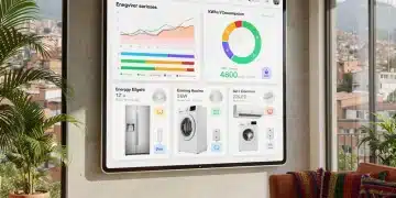 Panel de control domótico moderno mostrando análisis de consumo energético con dispositivos conectados en una casa contemporánea colombiana